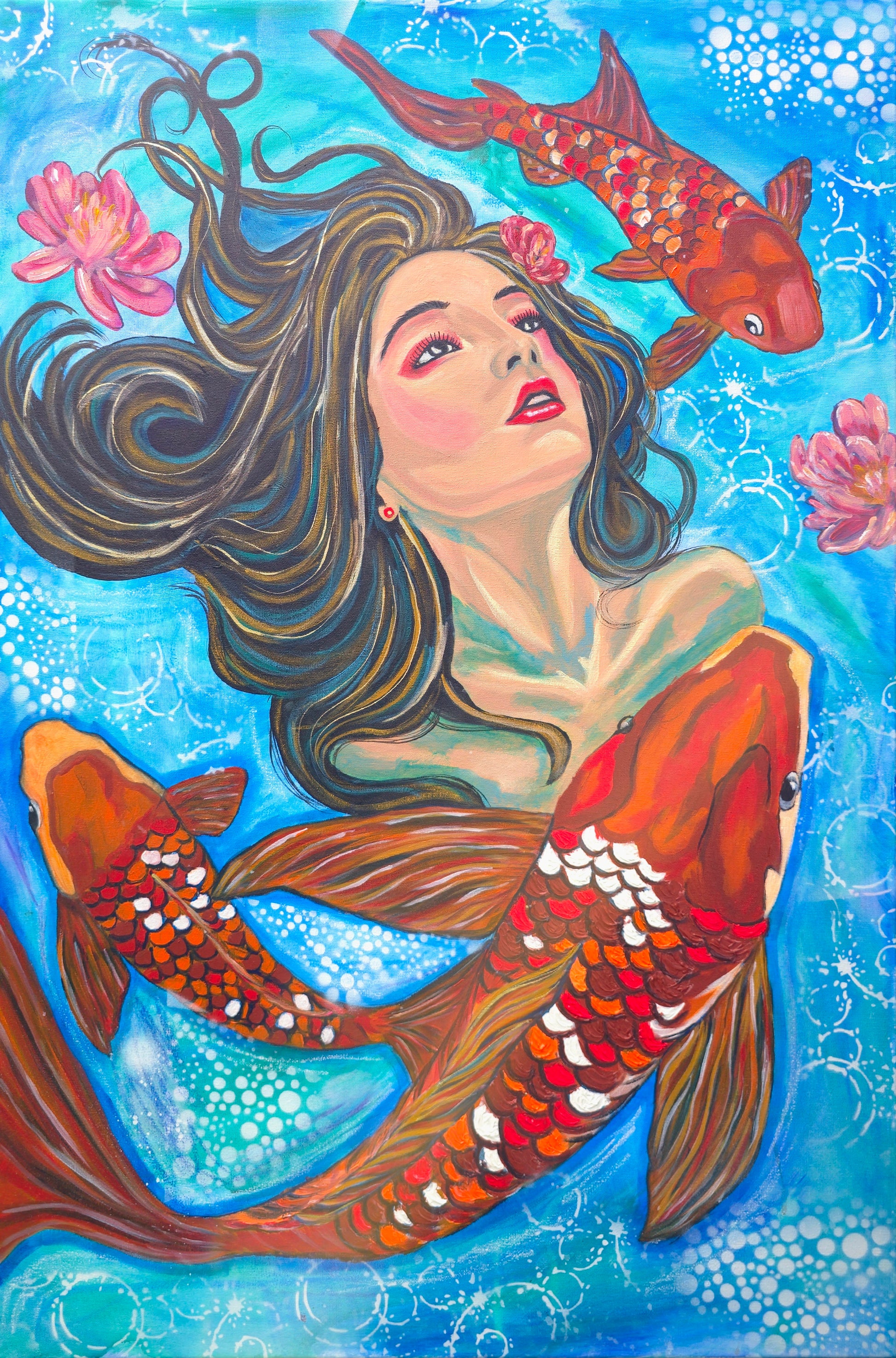Artistic depiction of a mermaid with koi fish and lotus flowers in an underwater setting.