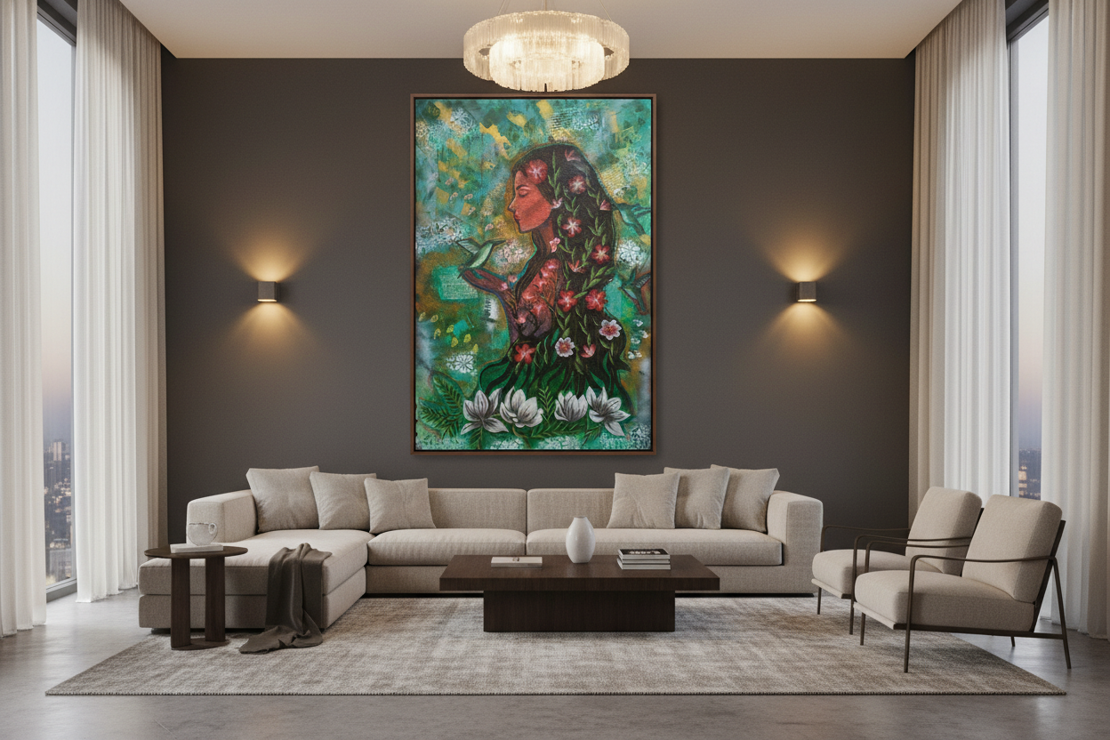 Woman in Bloom in a Living Room