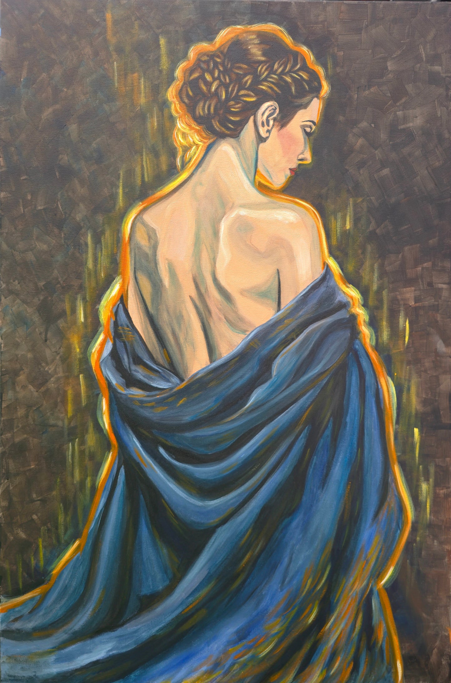 Painting of a woman draped in blue fabric with a textured dark background