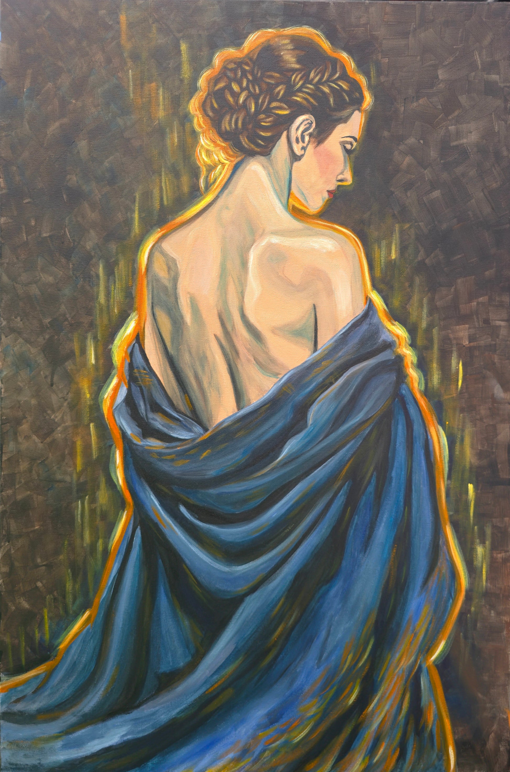 Painting of a woman draped in blue fabric with a textured dark background